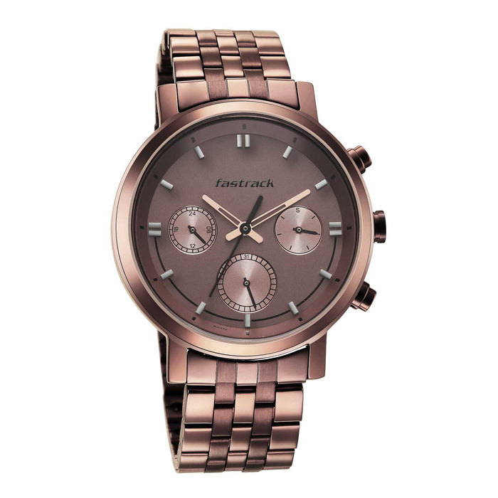 Fastrack Tick Tock Quartz Analog Brown Dial Metal Strap Watch for Guys