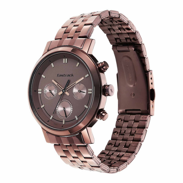 Fastrack Tick Tock Quartz Analog Brown Dial Metal Strap Watch for Guys