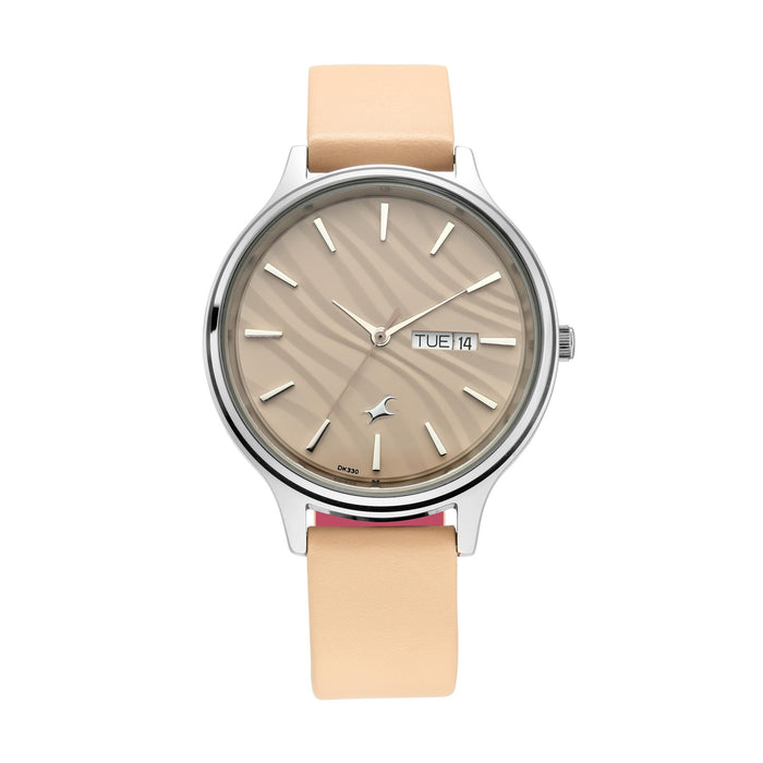 Fastrack x Ananya Panday Ruffles - Beige Dial Analog Watch with Day & Date Function 6207SL02, Beige, strap