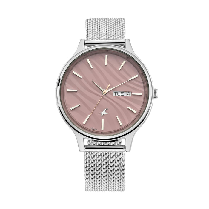 Fastrack x Ananya Panday Ruffles - Pink Dial Analog Watch with Day & Date Function 6207SM01, Silver, bracelet