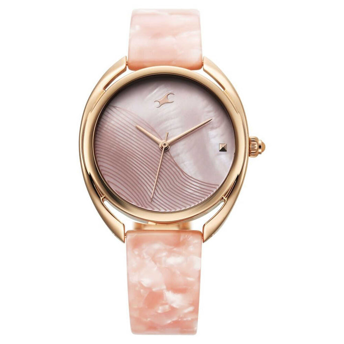 Fastrack Younique Quartz Analog Pink Color Mother Of Pearl Dial Acetate And Metal Strap Watch For Girls