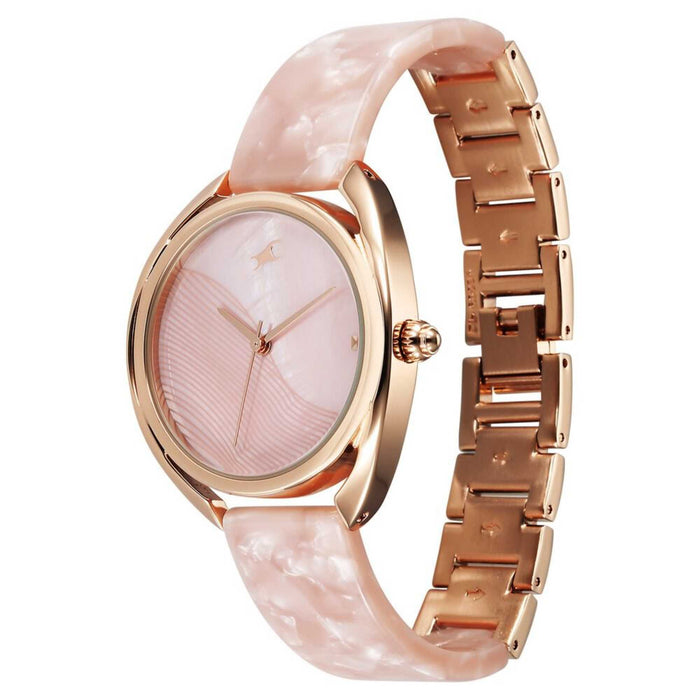 Fastrack Younique Quartz Analog Pink Color Mother Of Pearl Dial Acetate And Metal Strap Watch For Girls