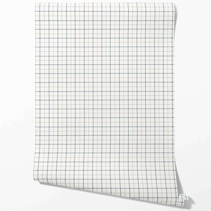Windowpane Checkered/ Plaid Bathroom Wallpaper (Navy Blue/ White/ Taupe)