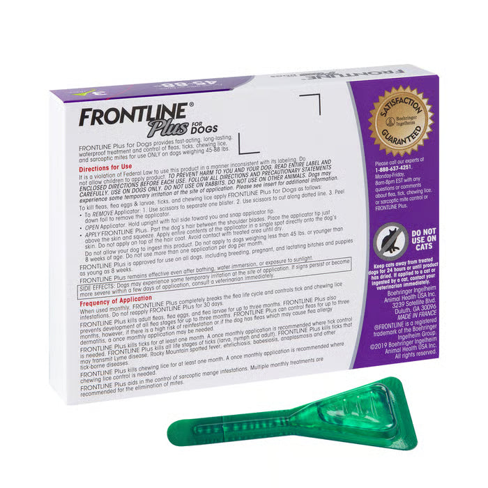 Frontline Plus Dogs 45-88 lbs Flea Tick Treatment Kills Eggs & Larvae 3 Pack
