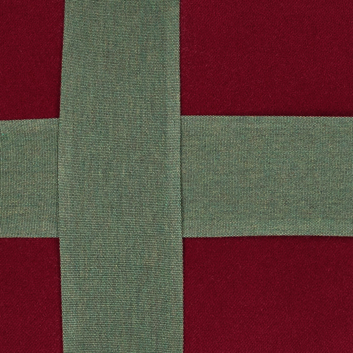 Detail image of Ruby velvet lumbar pillow with green banding for seasonal décor