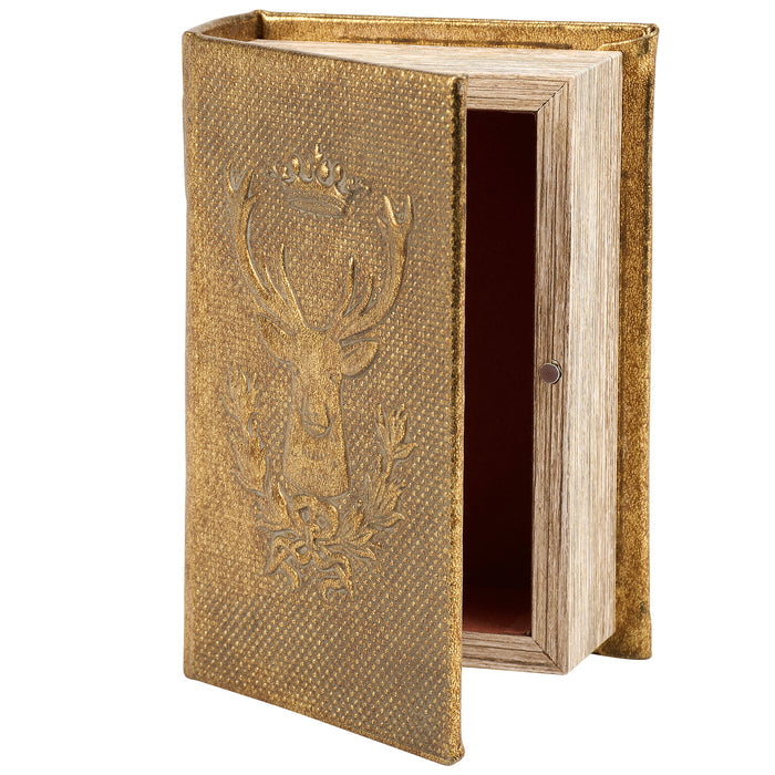 Gold Deer Book Box | Faux Leather Wrap Book Shaped Storage Stash Trinket Box