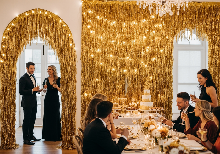 Gold Tinsel Fringe Garland 20"x15" Party Decoration - Indoor/Outdoor Use