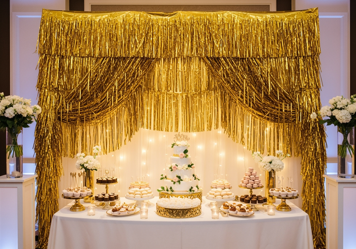Gold Tinsel Fringe Garland 20"x15" Party Decoration - Indoor/Outdoor Use