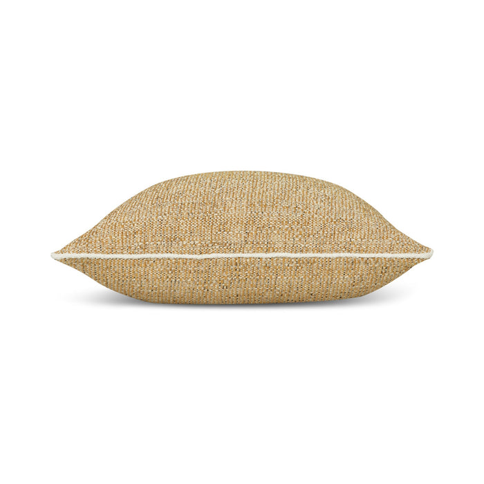 Side image of Gold outdoor pillow with woven texture square size with ivory cording for earthy patio decor by Elaine Smith