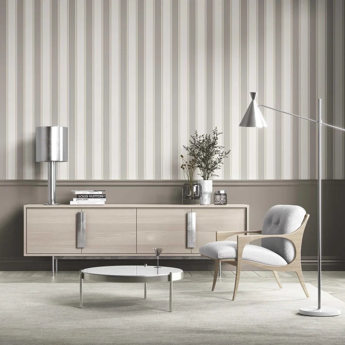 Neutral Geometric Striped Kitchen Wallpaper (Grey/ Beige/ Taupe)