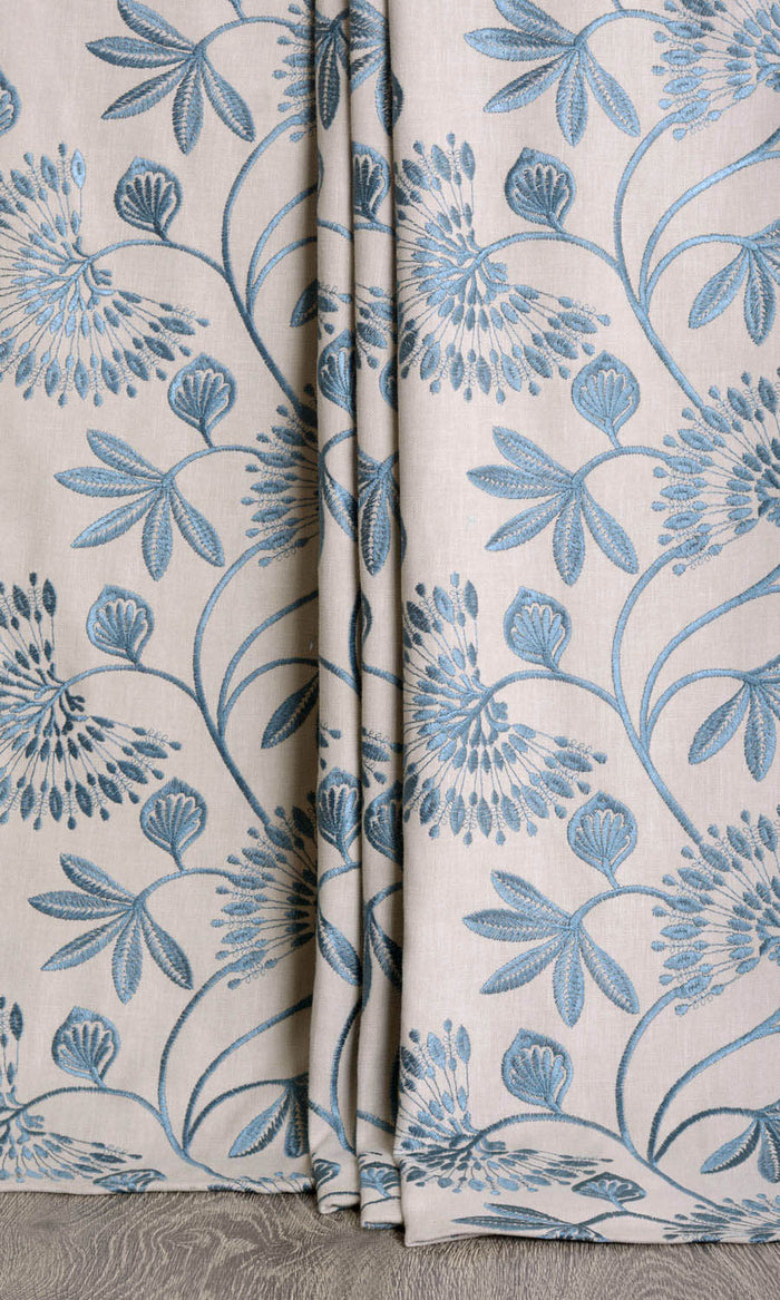 Vine Embroidered Drapes for Living, Bedroom, Kitchen, Bathroom (Pale Beige/ Ocean Blue)