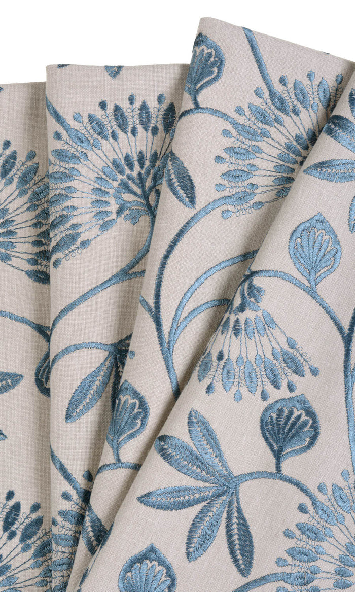 Vine Embroidered Pinch Pleat, Rod Pocket, Eyelet Curtains (Pale Beige/ Ocean Blue)