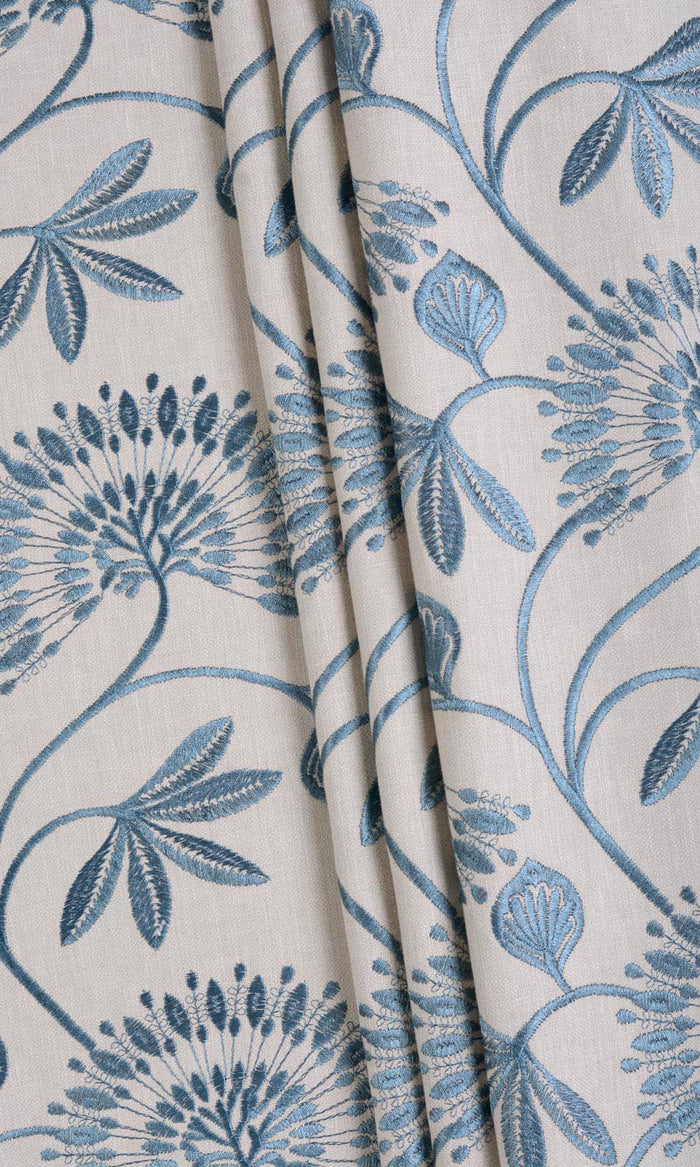 Vine Embroidered Drapes (Pale Beige/ Ocean Blue) Extra Long Short Wide