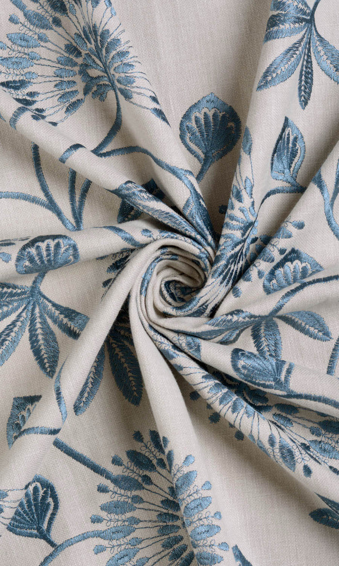 Vine Embroidered Made-to-Measure Curtains (Pale Beige/ Ocean Blue)