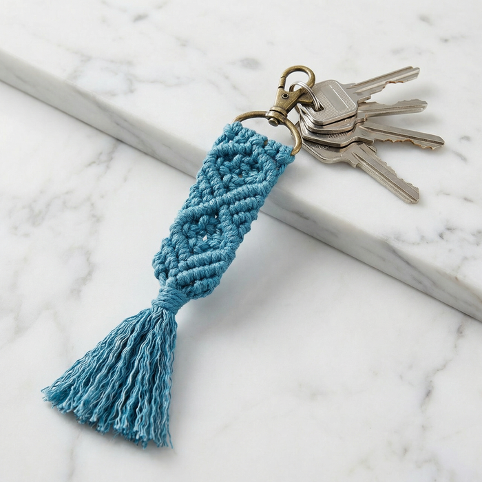 Hand Knotted Macrame Bag Charm Keychain in Teal