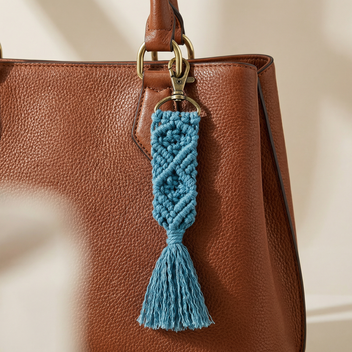 Hand Knotted Macrame Bag Charm Keychain in Teal
