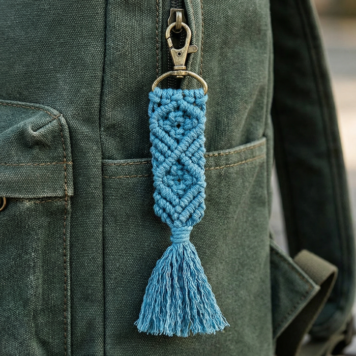 Hand Knotted Macrame Bag Charm Keychain in Teal