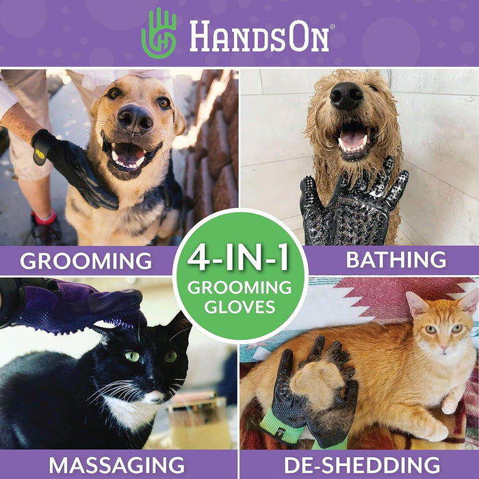 HandsOn Pet Grooming Gloves Gentle Brush for Cats Dogs Horses Black Large Size