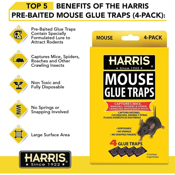 Harris Pre-Baited Mouse Glue Traps, Fully Disposable 4-Pack Harris
