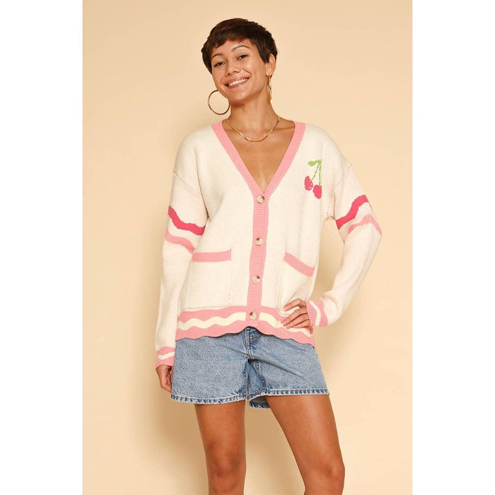 Heart Cherry Varsity Knit Cardigan in Cream and Pink [Available in S-XL]