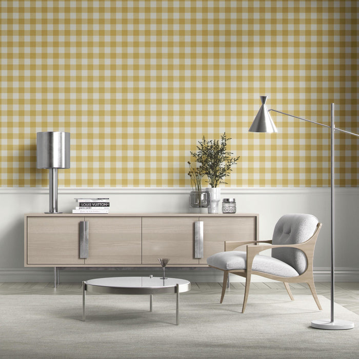 Geometric Gingham Checkered Bathroom Wallpaper (Naples Yellow)