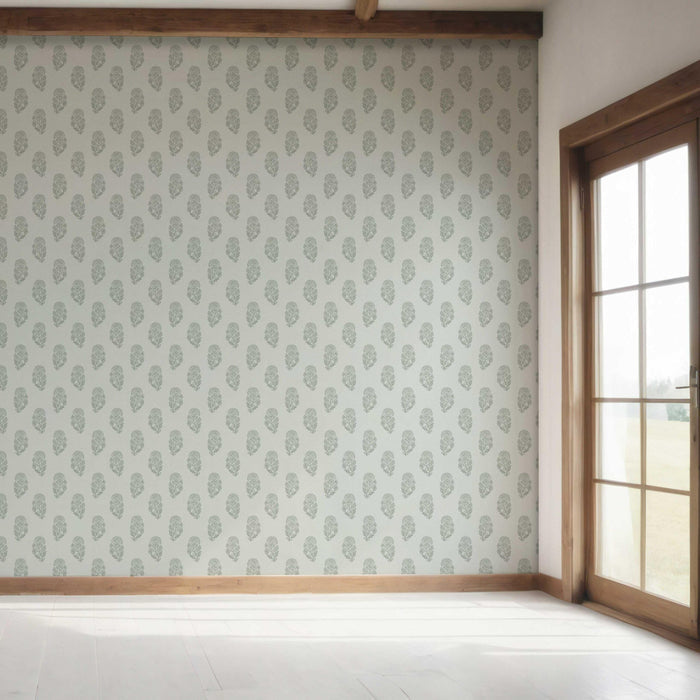 Botanical/ Floral Block Print Bedroom Wallpaper (Sage Gray-Blue)