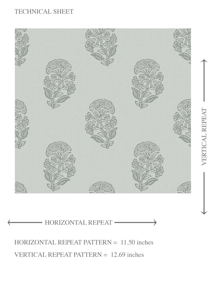 Botanical/ Floral Block Print Kids Room Wallpaper (Sage Gray-Blue)