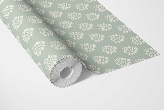 Vintage-Inspired Botanical Floral Block Print Bathroom Wallpaper (Duck Egg Blue/ Cream)