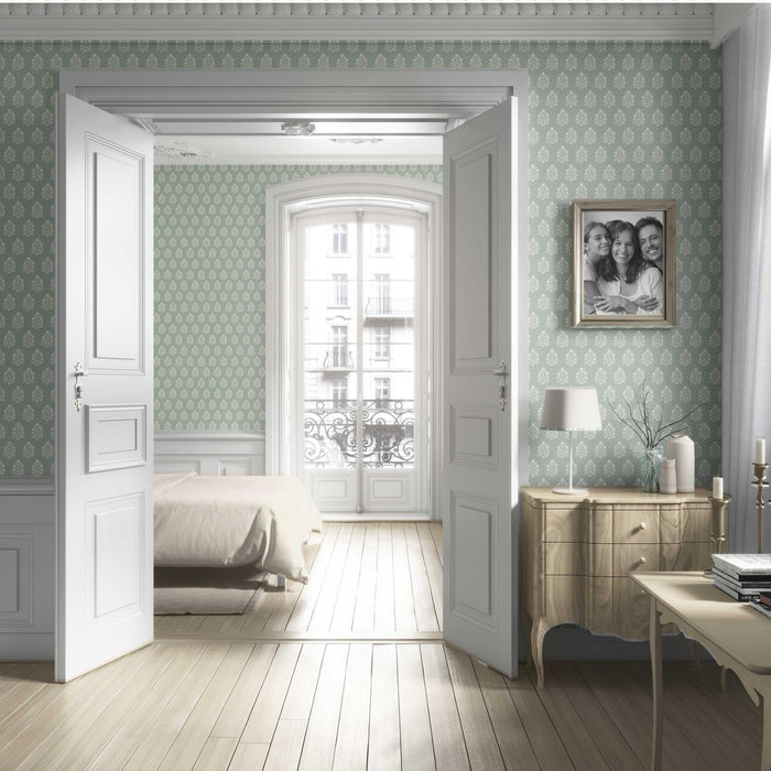 Vintage-Inspired Botanical Floral Block Print Living Room Wallpaper (Duck Egg Blue/ Cream)