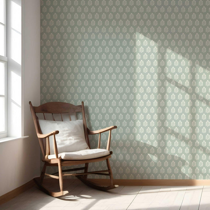 Vintage-Inspired Botanical Floral Block Print Nursery Wallpaper (Duck Egg Blue/ Cream)