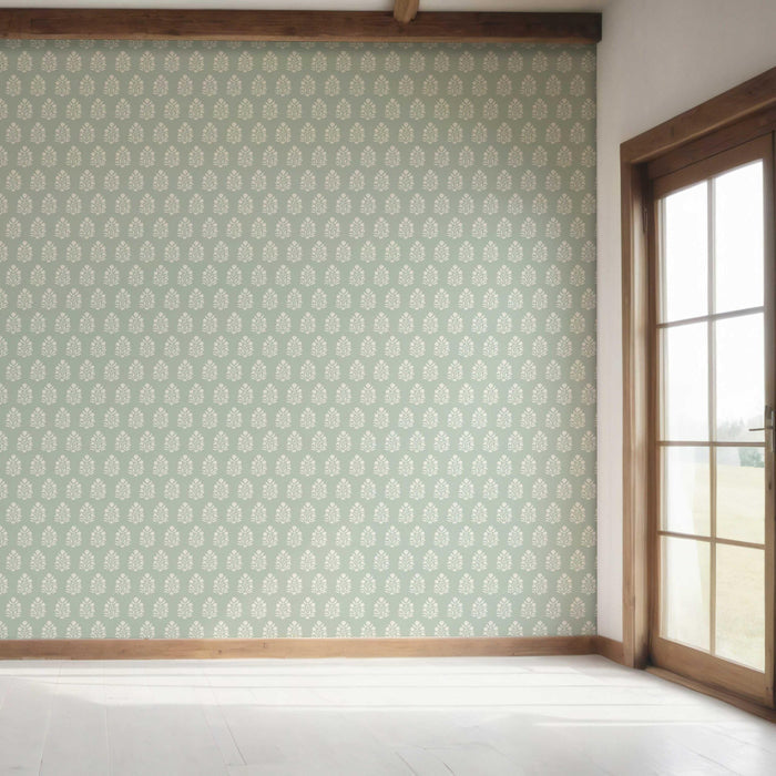 Vintage-Inspired Botanical Floral Block Print Bedroom Wallpaper (Duck Egg Blue/ Cream)