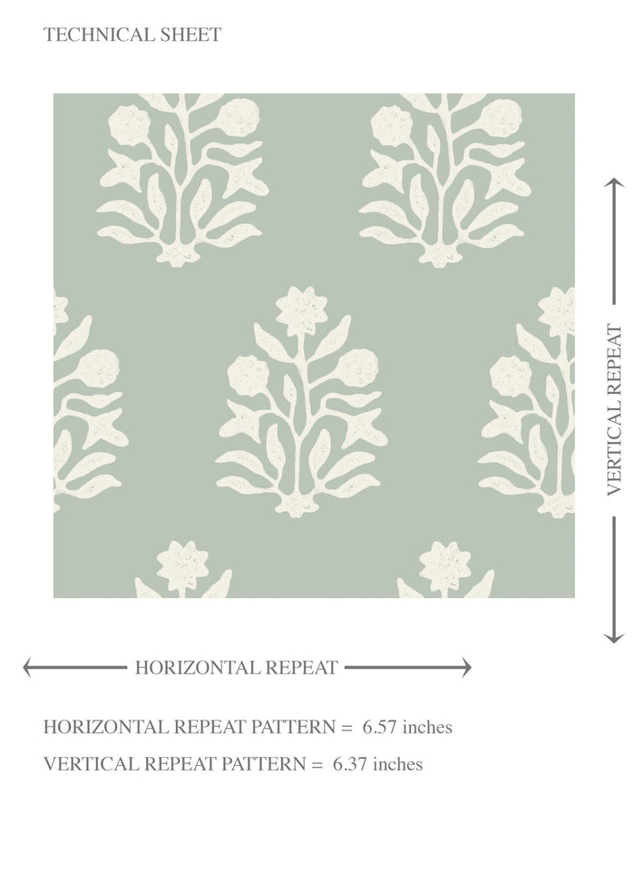 Vintage-Inspired Botanical Floral Block Print Kids Room Wallpaper (Duck Egg Blue/ Cream)