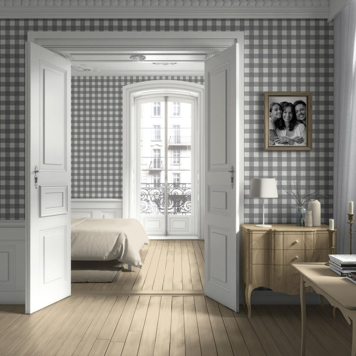Neutral Geometric Gingham Checkered Kitchen Wallpaper (Ash Gray)