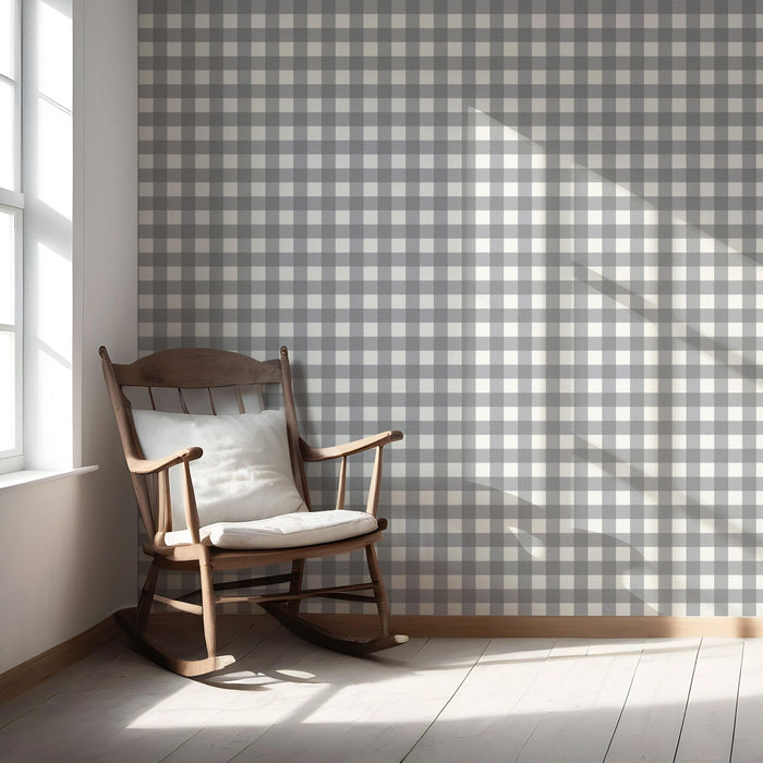 Neutral Geometric Gingham Checkered Nursery Wallpaper (Ash Gray)