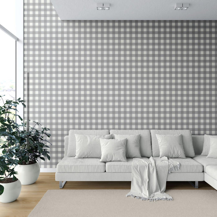 Neutral Geometric Gingham Checkered Shower Toilet Wallpaper (Ash Gray)