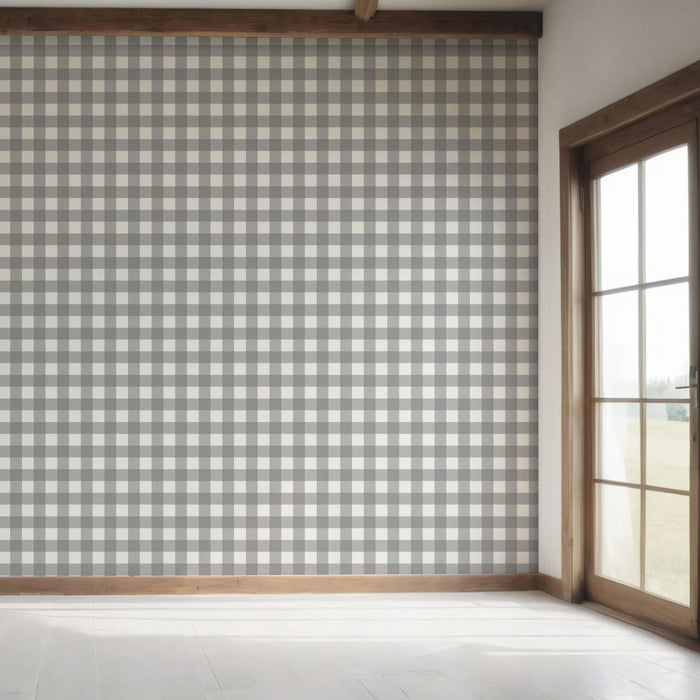 Neutral Geometric Gingham Checkered Bedroom Wallpaper (Ash Gray)