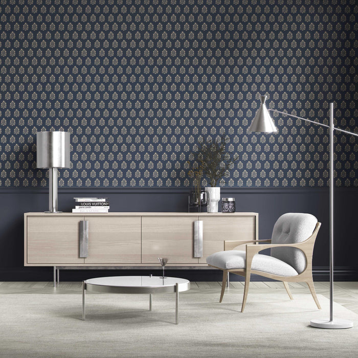 Vintage-Inspired Botanical Floral Block Print Kitchen Wallpaper (Navy Blue/ Beige)