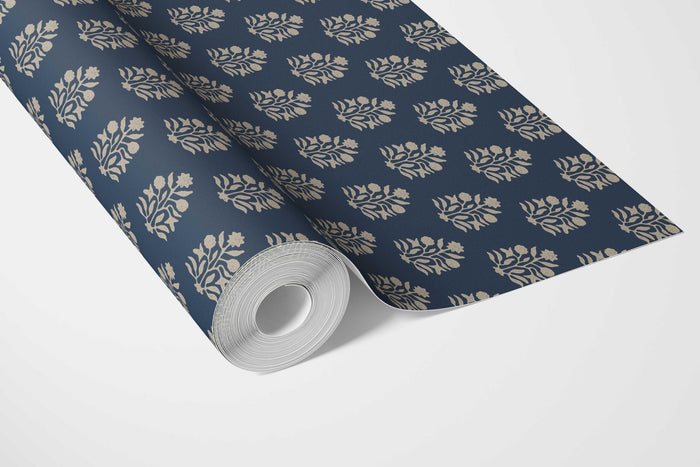 Vintage-Inspired Botanical Floral Block Print Bathroom Wallpaper (Navy Blue/ Beige)