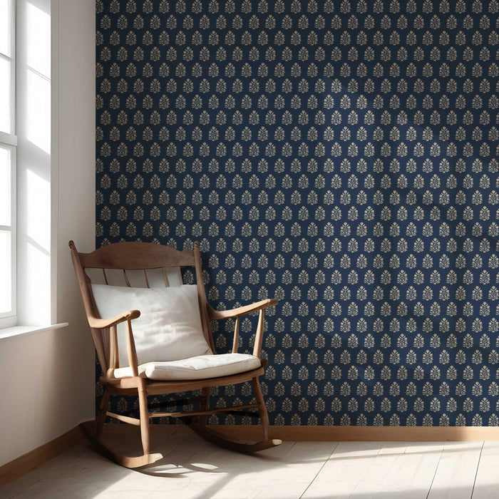 Vintage-Inspired Botanical Floral Block Print Nursery Wallpaper (Navy Blue/ Beige)