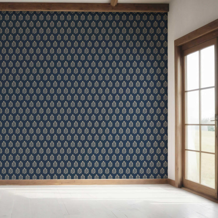 Vintage-Inspired Botanical Floral Block Print Bedroom Wallpaper (Navy Blue/ Beige)