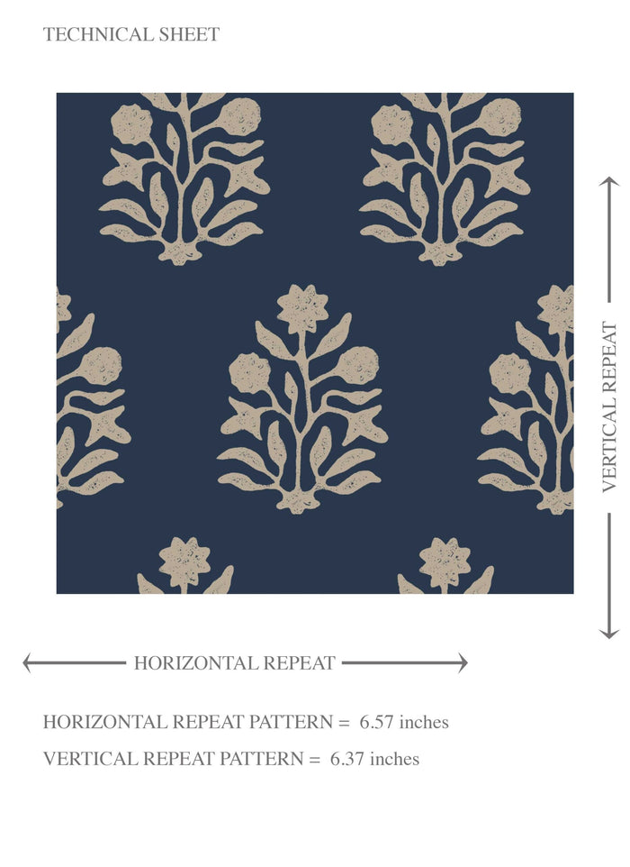 Vintage-Inspired Botanical Floral Block Print Kids Room Wallpaper (Navy Blue/ Beige)