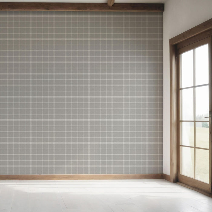 Neutral Geometric Plaid Checkered Bedroom Wallpaper (Silver Gray)