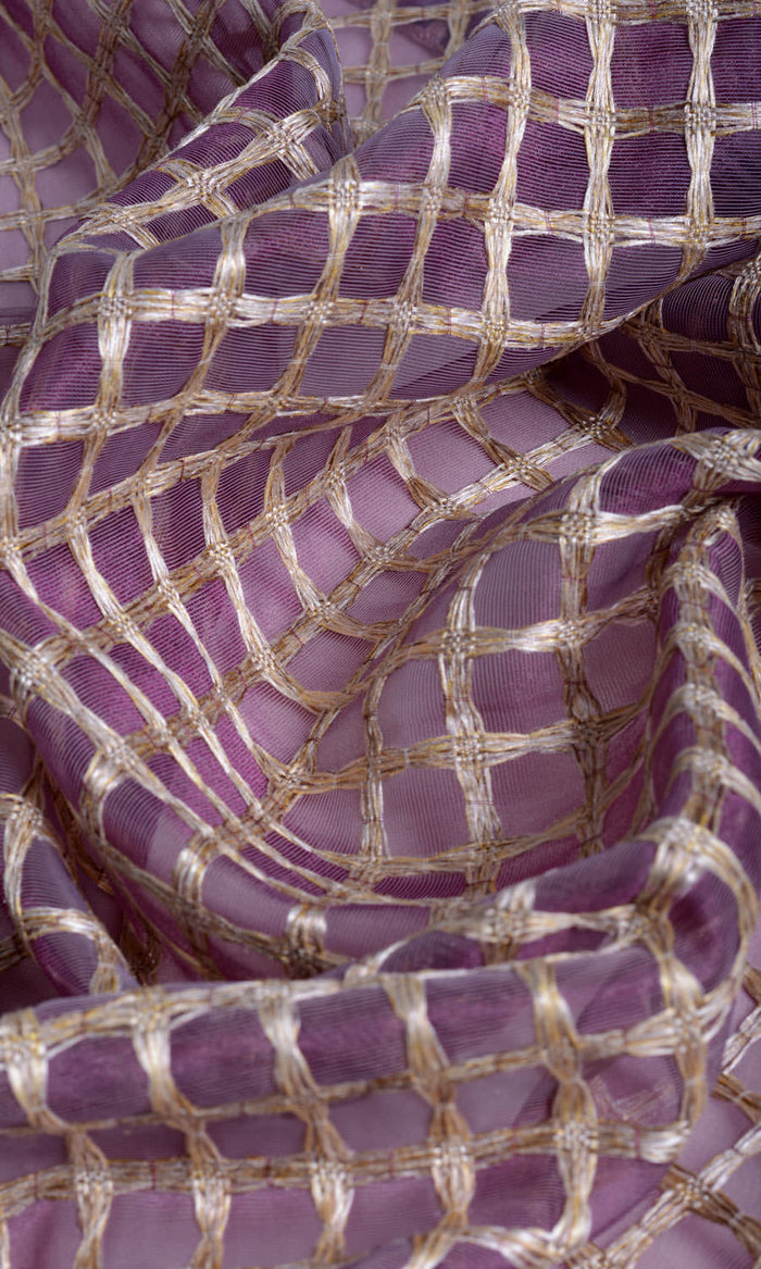 Embroidered Check Sheer Window Treatments Fabric By the Metre (Purple and Gold)
