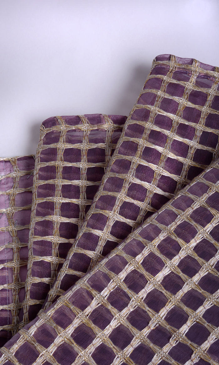Embroidered Check Sheer Fabric Material By the Metre (Purple and Gold)