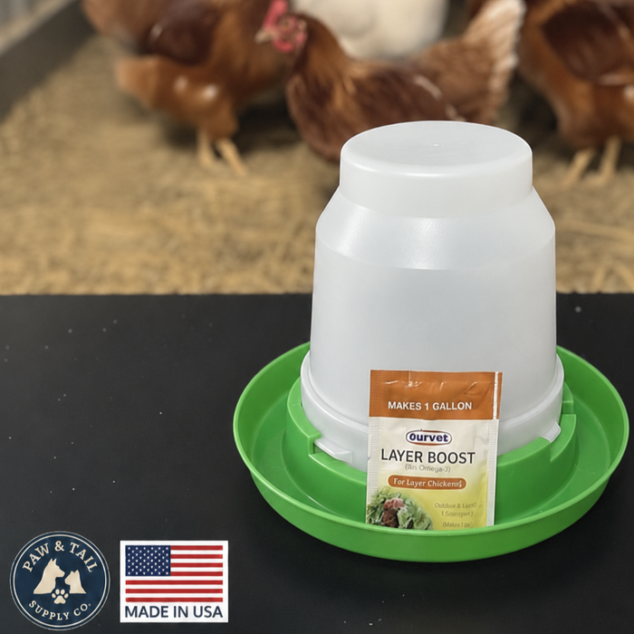 Little Giant 1 Gal Poultry Nesting Jug Green Waterer Set + Layer Boost Bundle