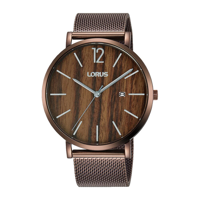 Lorus Brown wood dial stainless steel watch for men RH993MX9