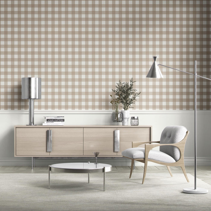 Neutral Geometric Gingham Checkered Bathroom Wallpaper (Light Beige/ Greige)