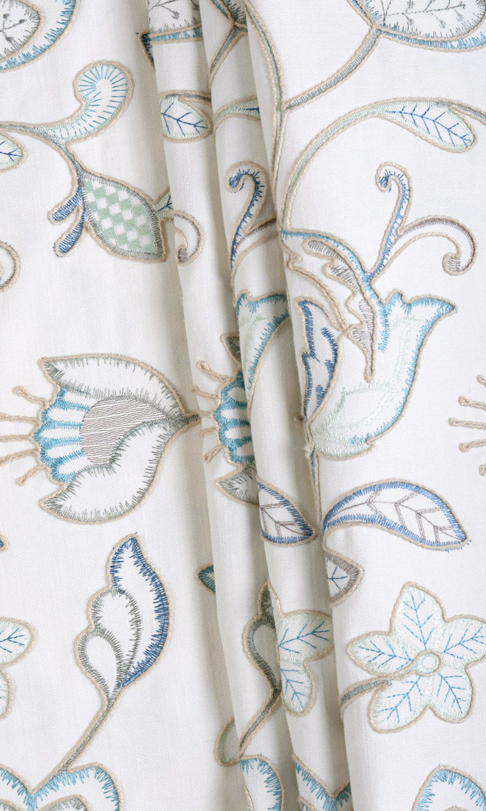 Floral Embroidery Pinch Pleat, Rod Pocket, Eyelet Curtains (Blue/ White)