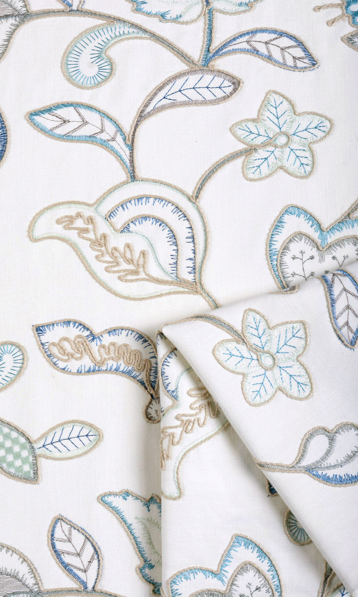 Floral Embroidery Drapes (Blue/ White) Extra Long Short Wide