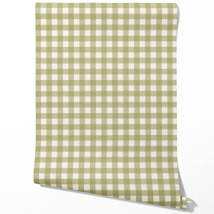 Geometric Gingham Checkered Traditional Wallpaper (Olive Green)